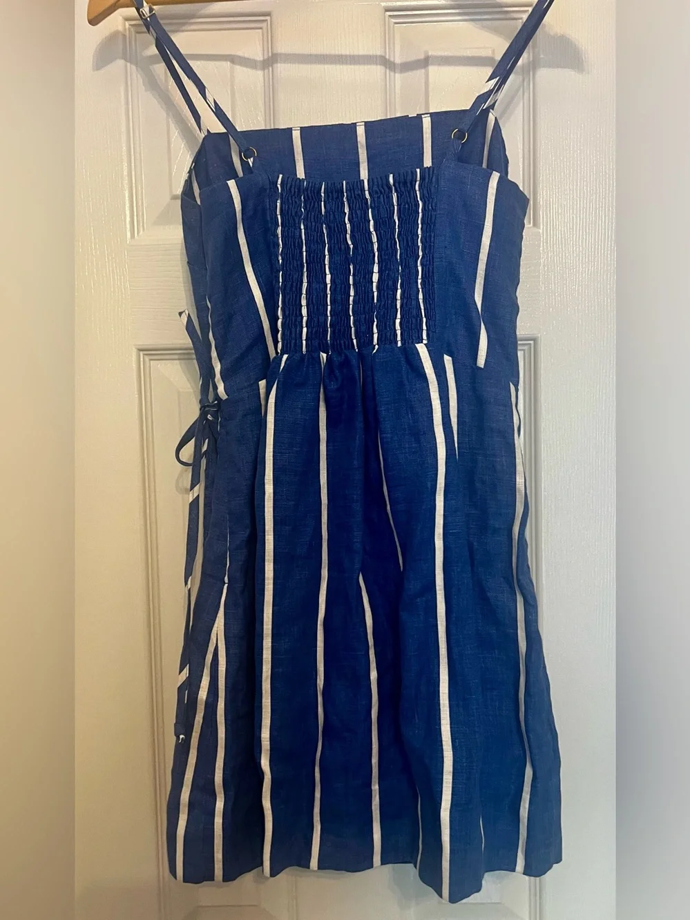 Faithfull the Brand Blue & White Striped Linen Wrap Dress Size M